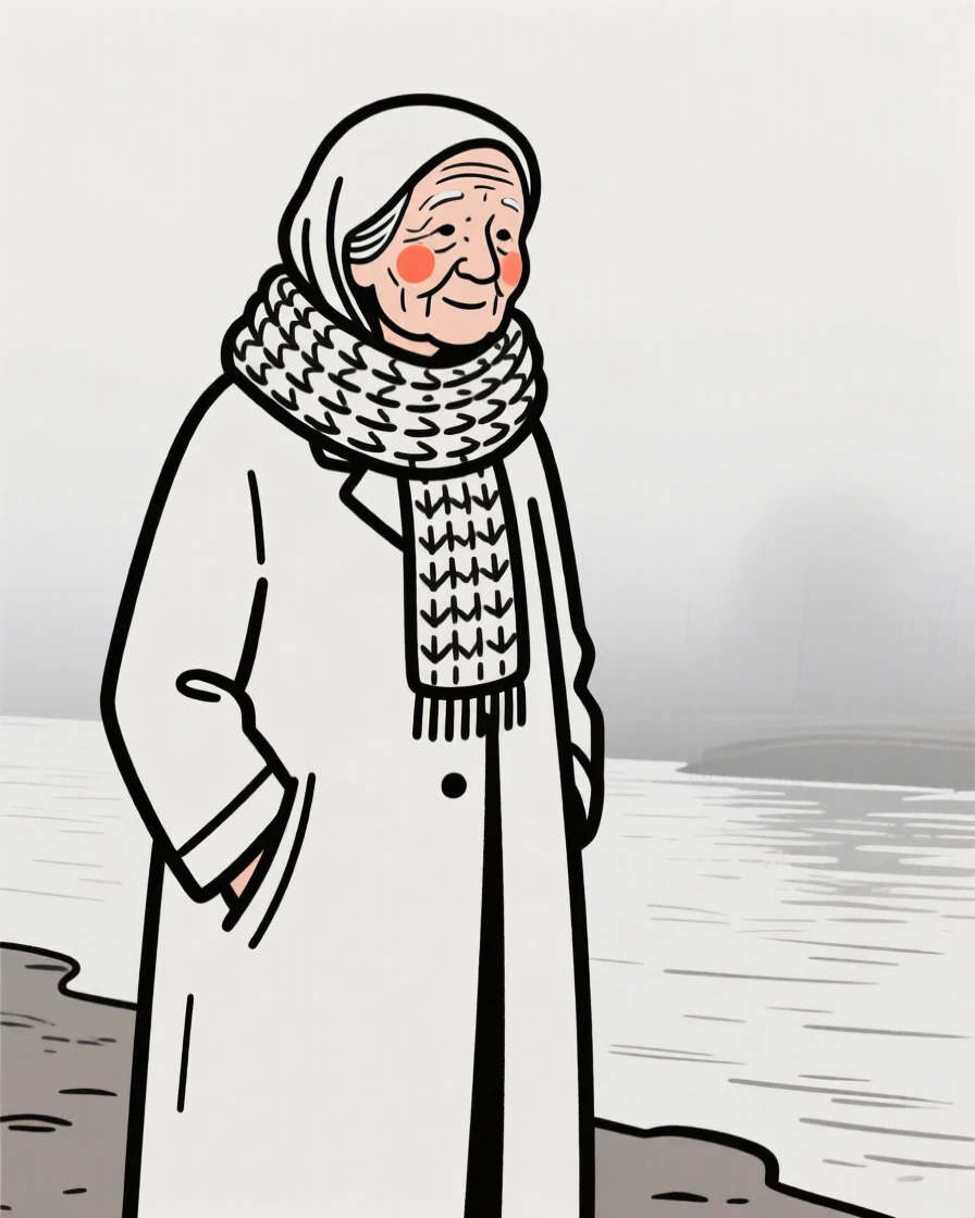 An elderly woman of Turkish heritage in a chunky knit scarf and coat, looking serene and at peace, on a misty riverbank.