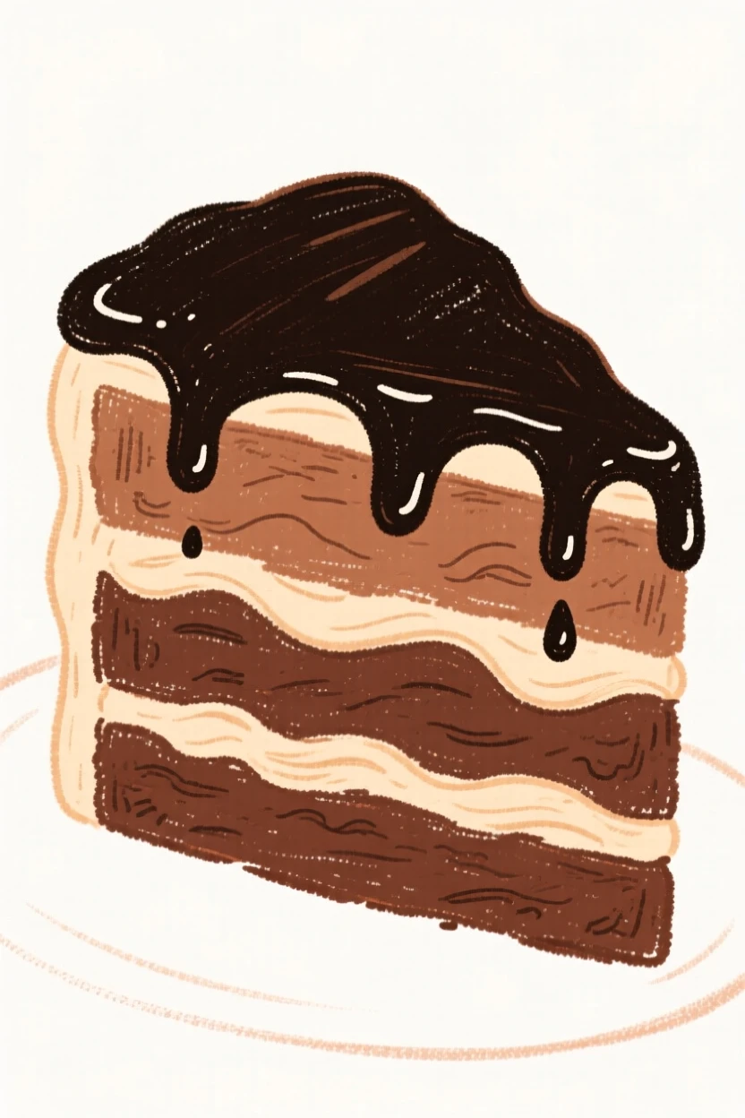 A slice of chocolate layer cake with glossy ganache dripping down.