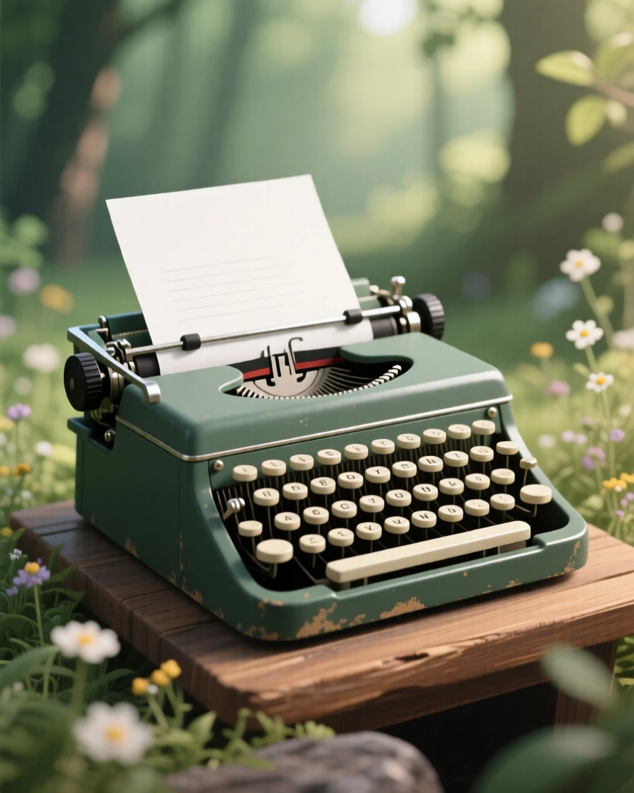 A vintage typewriter with a sheet of paper rolled in, arranged within a softly blurred natural setting, framed tightly to emphasize fine texture and detail, with a clean, elegant simplicity.
