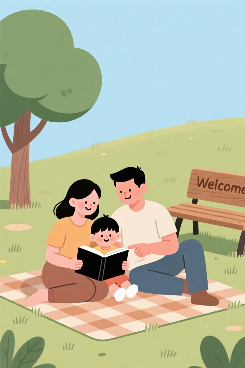 A family reading together together at a local park.
