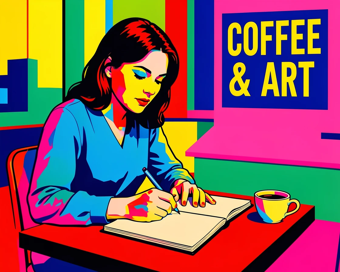Woman sketching in a notebook at a cafe