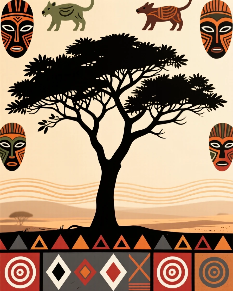A hazy midday heat shimmer behind a silhouetted acacia tree.