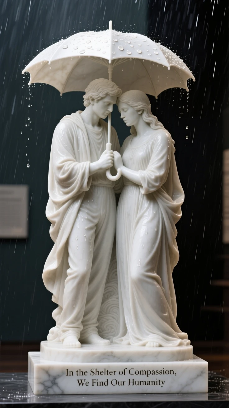 An emotionally powerful scene of two strangers sharing an umbrella in a sudden storm, filled with warmth, tenderness, and connection