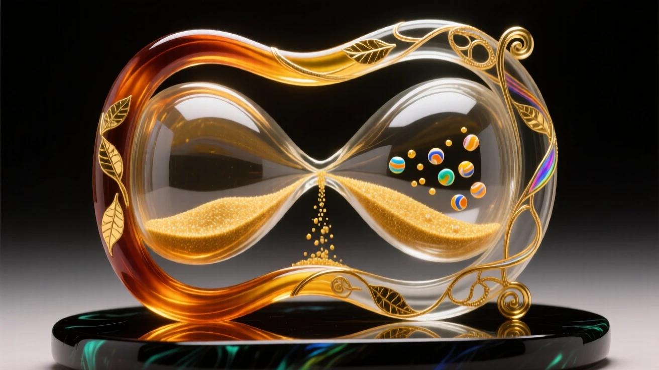 A delicate hourglass with golden sand mid-fall against a dark background, poetic and symbolic.