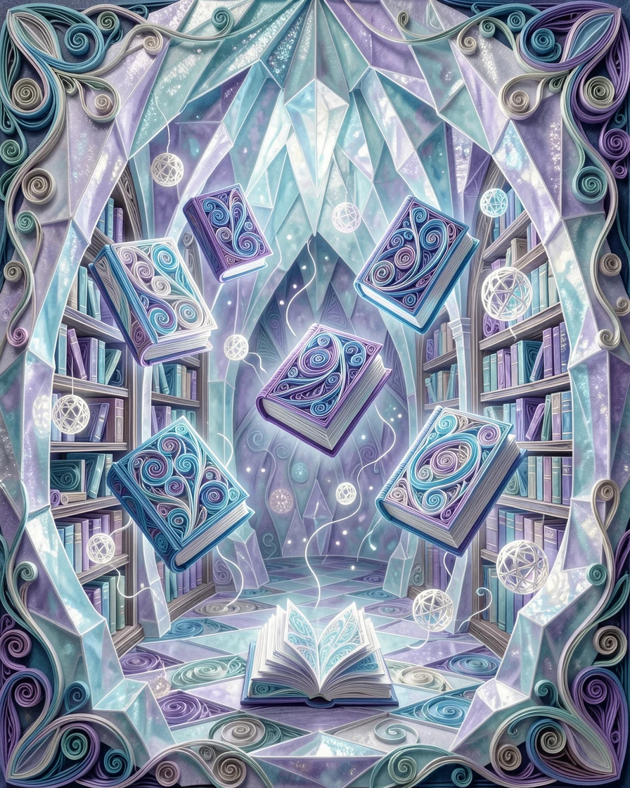 A magical fantasy scene of a magical library with floating glowing books within a crystal grotto glowing from within, with soft bioluminescent glow illuminating the scene, captured from a sweeping cinematic wide angle.