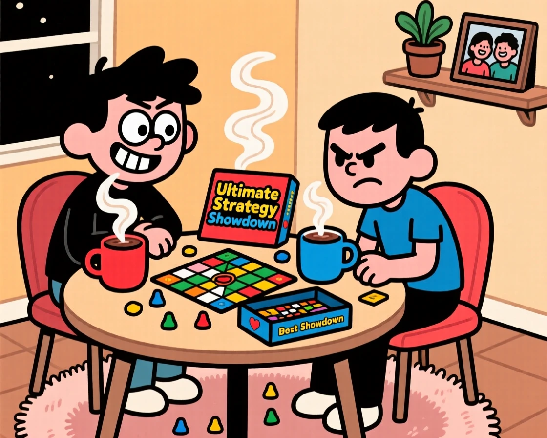 A heartwarming scene of roommates turned best friends playing a board game that has clearly gotten too competitive, with steam rising from mugs of hot cocoa.