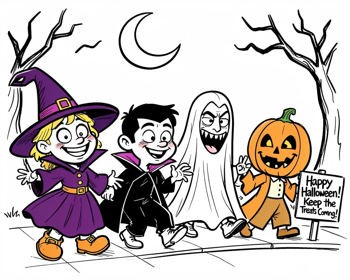 [Seasonal Holidays & Celebrations] Festive scene of children trick-or-treating in colorful costumes on a spooky Halloween night, full of celebration and joy