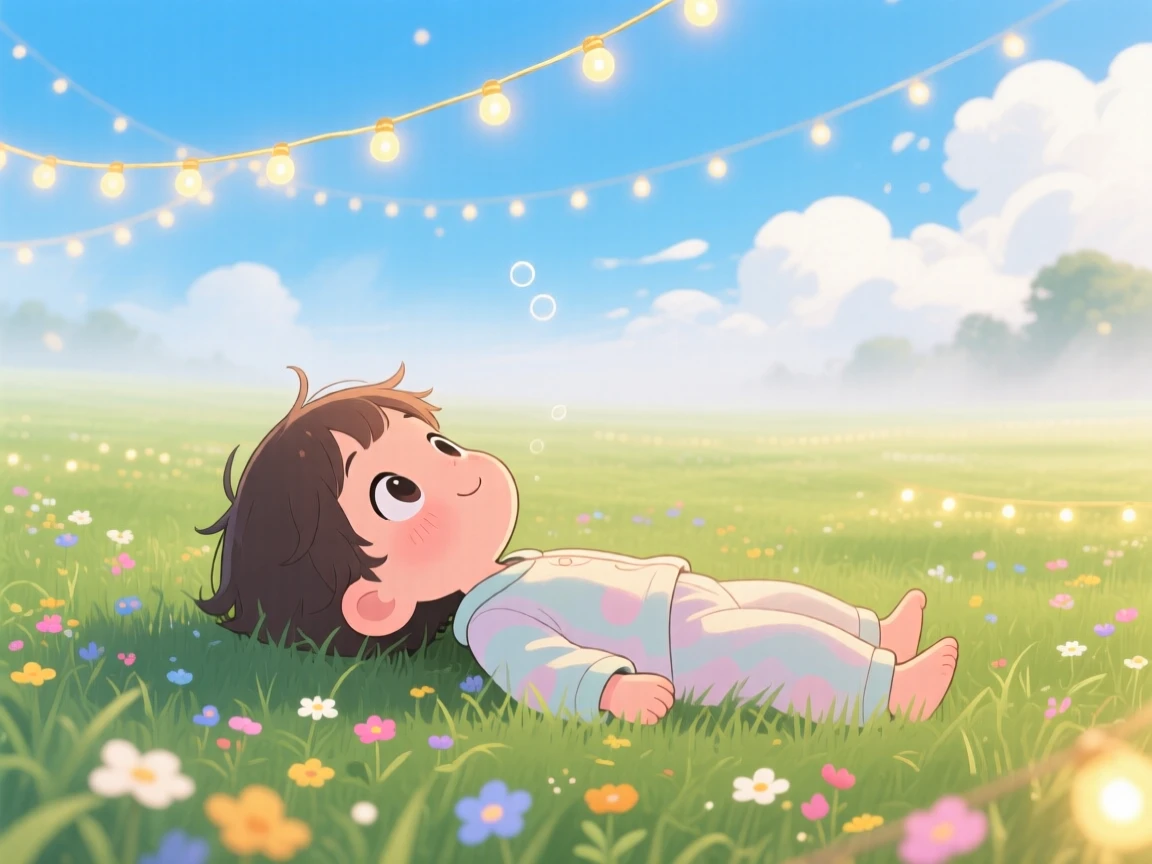 A child lying in a field watching clouds drift by in an open blue-sky meadow on a misty foggy morning; glowing string lights washes over the scene as bubbly enthusiasm fills the moment. Over-the-shoulder view.