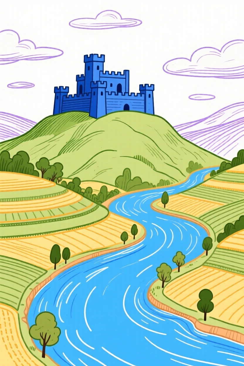A hilltop fortress overlooking a winding river valley.