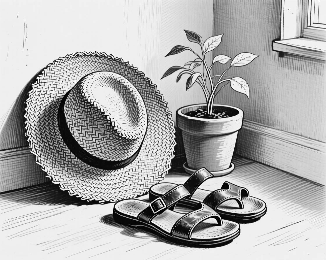 A straw sunhat and a pair of sandals tucked into the corner of a cozy room, with a small potted plant nearby, forming an elegantly simple still-life study.