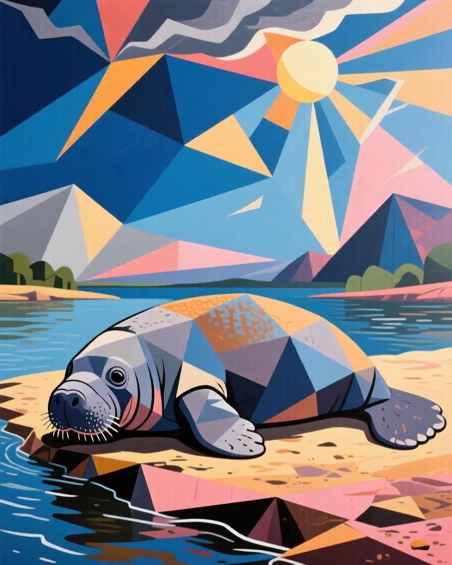 A striking view of a manatee resting on a sunlit riverbank beneath a dramatic sky.