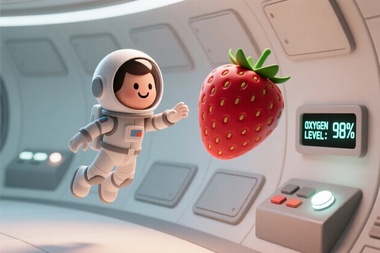 A cheerful astronaut floats weightlessly inside a space station, chasing a runaway floating strawberry past blinking control panels.