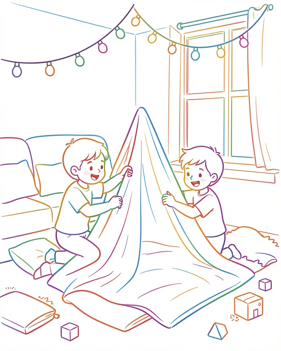 Siblings building a blanket fort together in a living room.