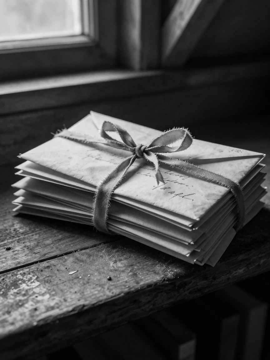 A stack of old letters sits tied with a faded ribbon on a dusty attic shelf.