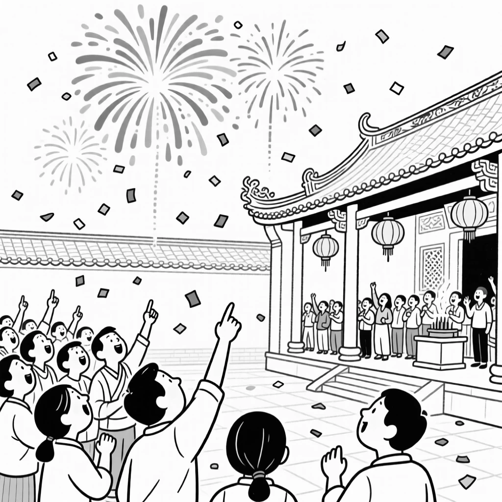 A crowd cheering as fireworks bloom overhead, pointing excitedly as colors burst across the sky, set at a temple courtyard during a sacred ceremony. Confetti drifts lazily through the air. It radiates the timeless magic of coming together to celebrate.