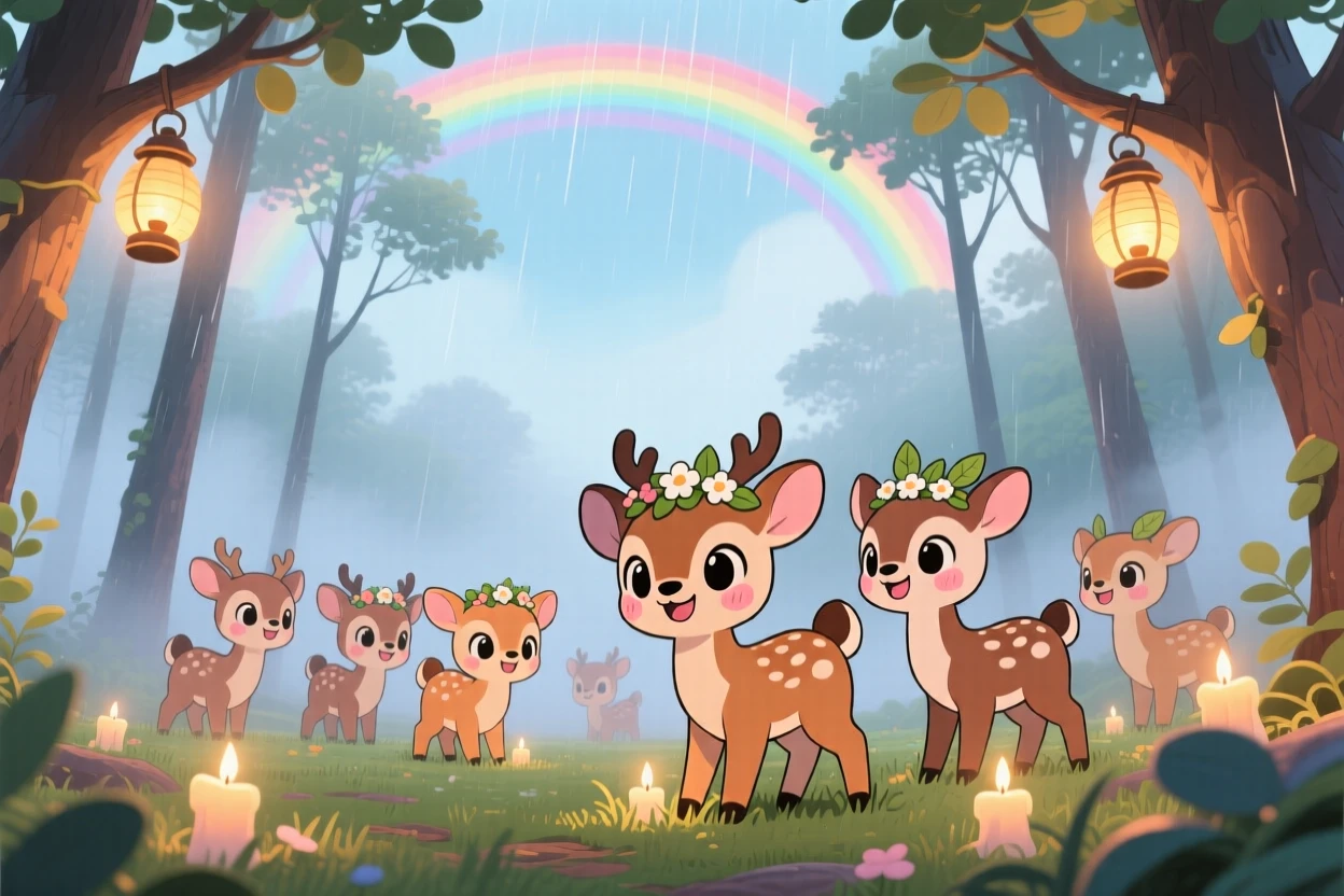 A group of deer grazing peacefully in morning mist, framed as a low-angle shot looking up within a foggy woodland clearing, under a rainbow after the rain, glowing under gentle candlelight, evoking delighted joy.