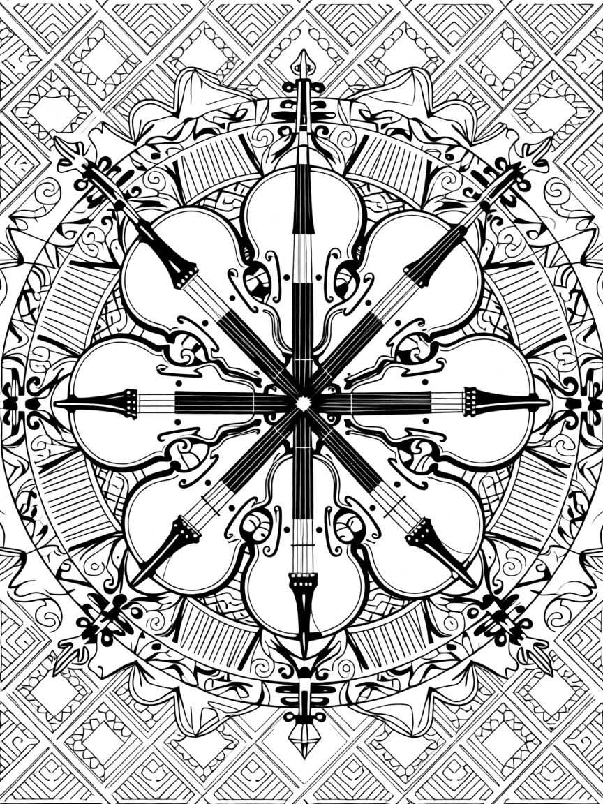 A mandala of stacked violin scrolls forming a musical rosette.