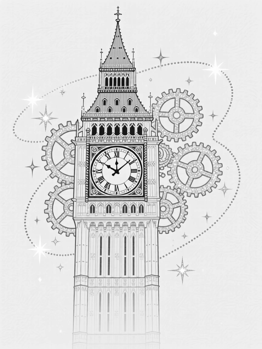 A magical clock tower with gears made of stardust