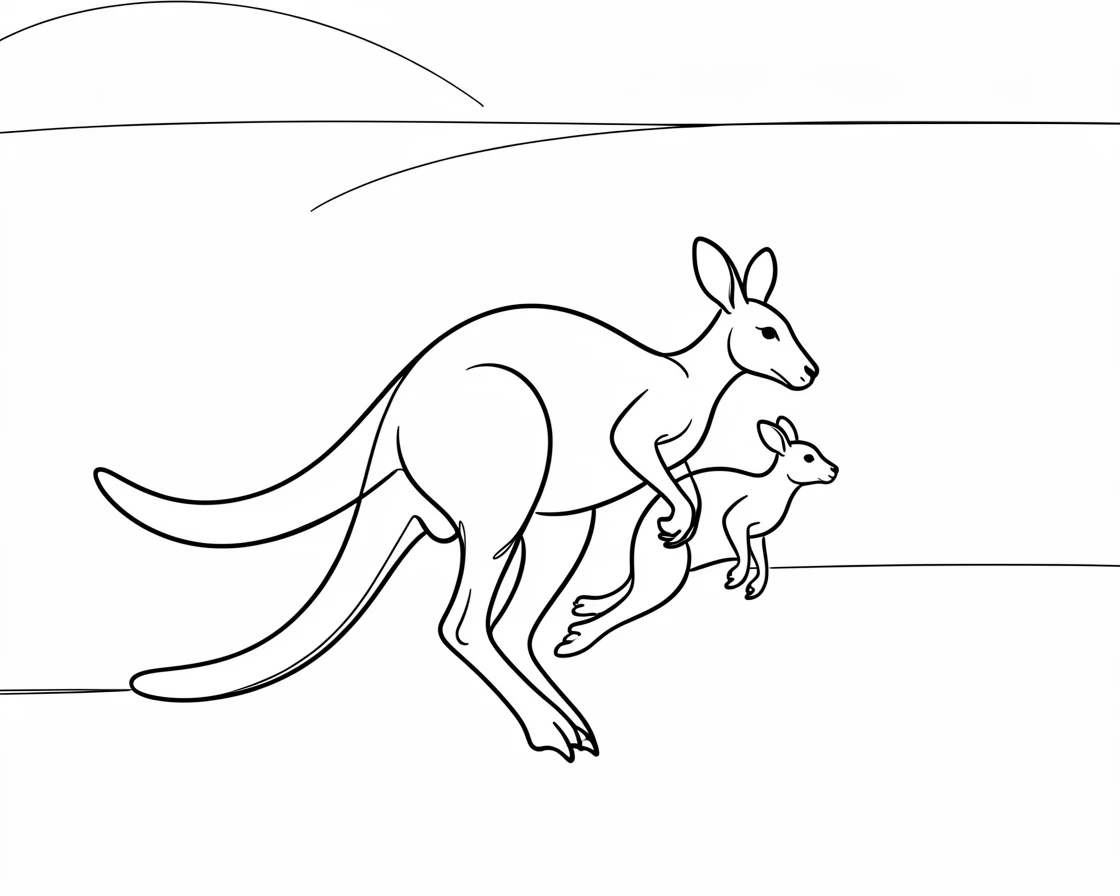 A kangaroo and her joey bounding across the outback under a wide open sky