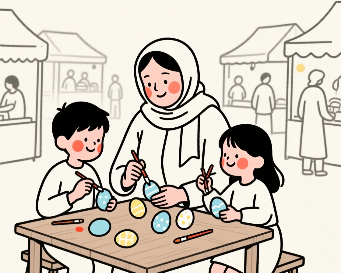 A mother and her children of Iranian heritage decorating eggs for Easter, at a bustling holiday market.