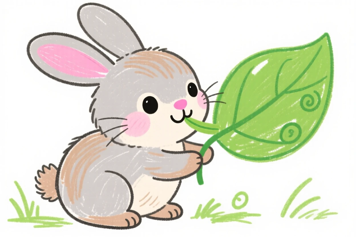 A soft baby bunny nibbling on a fresh green leaf.