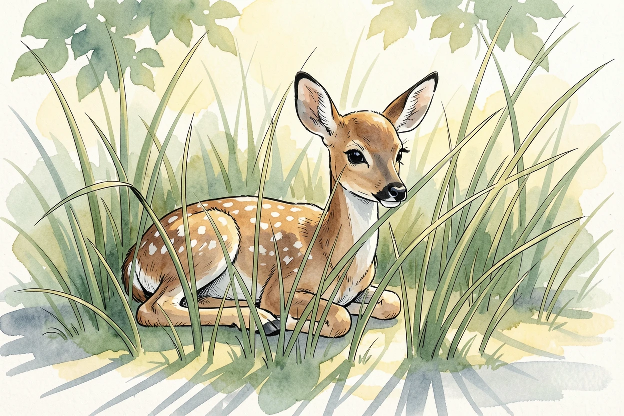 A young fawn resting quietly in tall grass, barely visible in the dappled light, soft shadows stretching long across the ground.