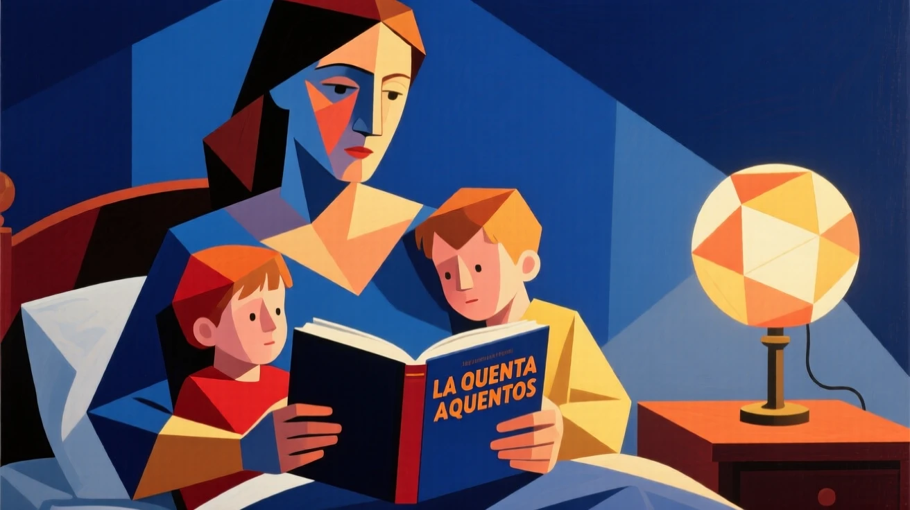 A mother reading a bedtime story to her two children under a soft lamp glow.
