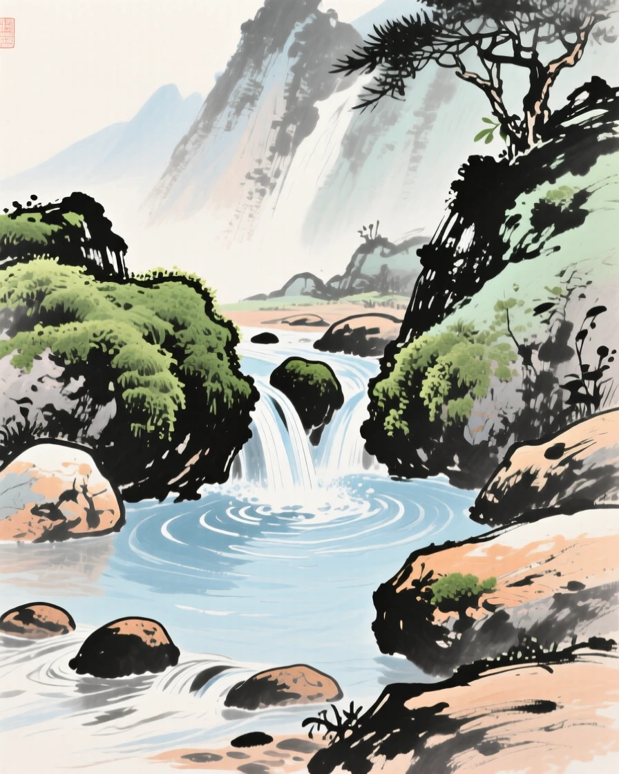 A mountain spring bubbling up beside mossy stones, where the current carves gentle ripples around smooth stones, at midday.