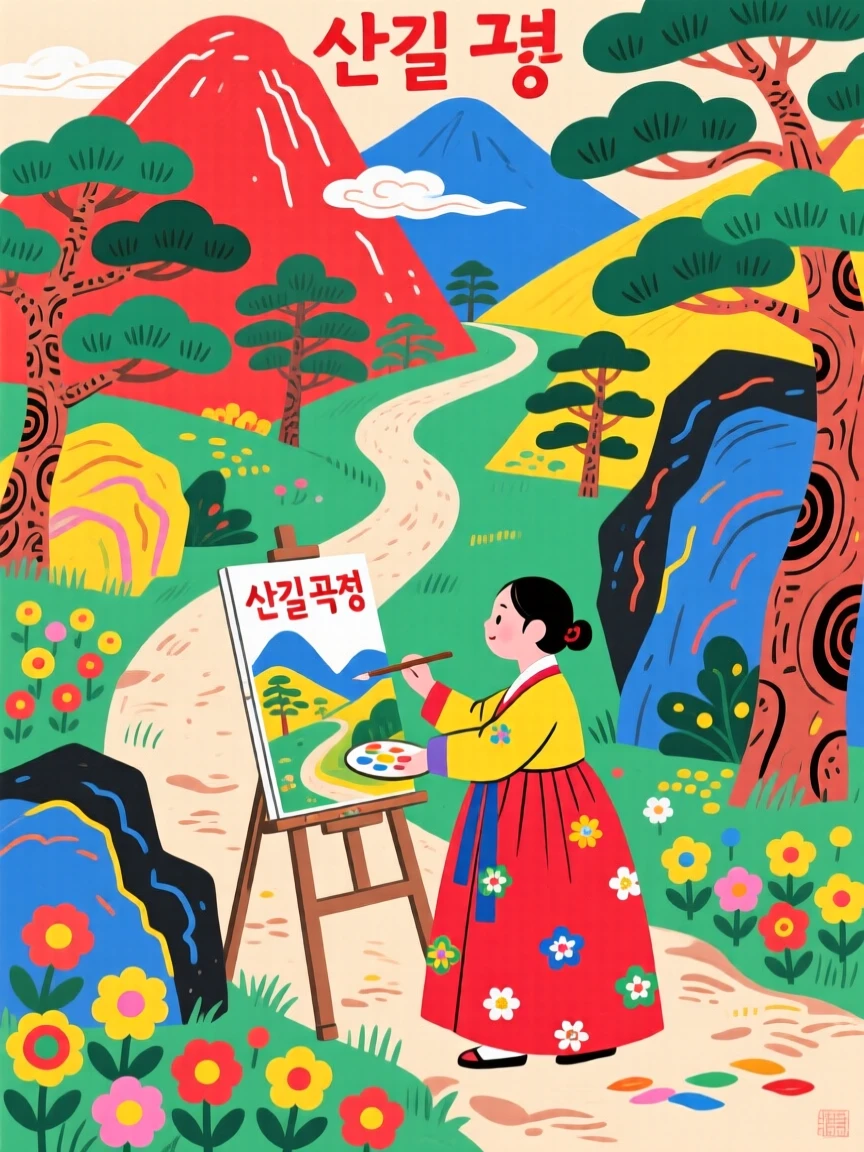 An artist painting a landscape beside a mountain trail.
