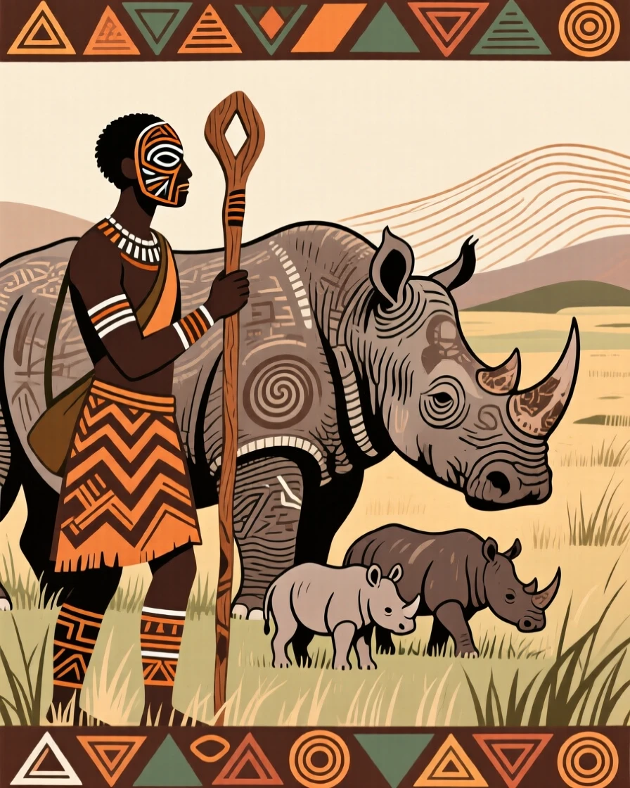 A wildlife tracker observing a family of rhinos grazing quietly.
