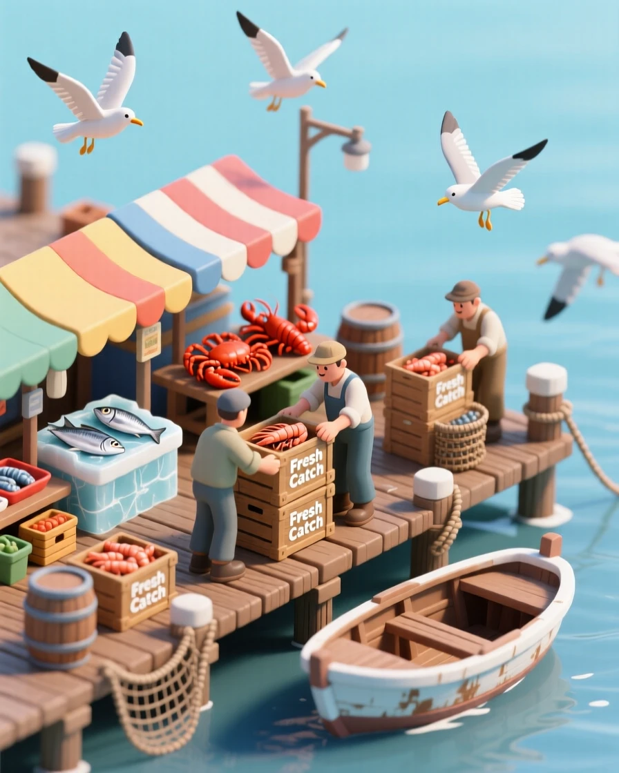 A seaside fish market with fresh catches displayed on ice, fishermen unloading crates, and gulls circling hopefully overhead.