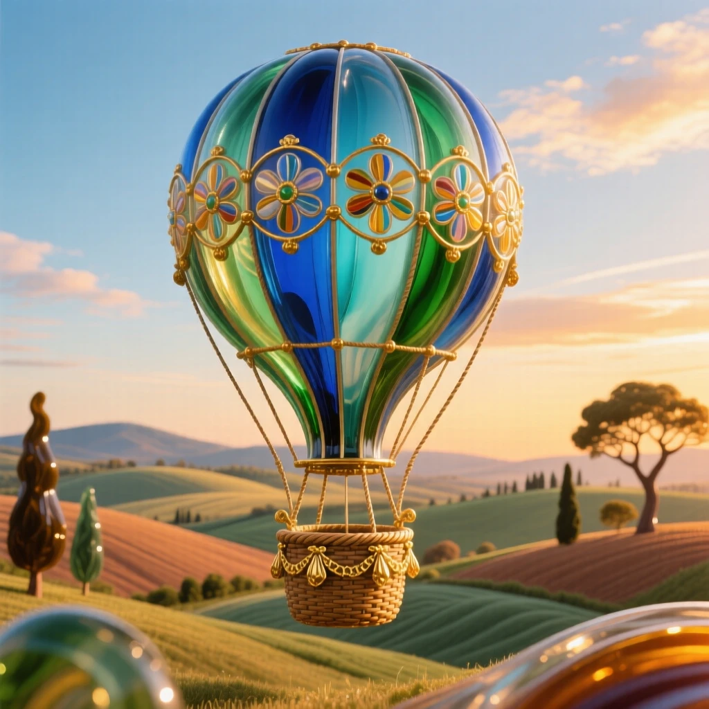 A vintage hot air balloon rising gracefully over a rolling countryside, whimsical and adventurous.