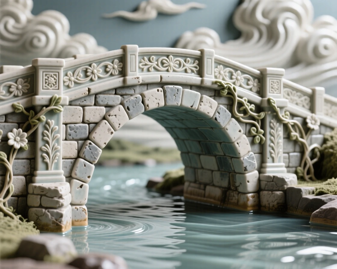 A weathered stone bridge arching over a river standing majestically against a dramatic sky, with intricate carvings along every surface, capturing the romance of a bygone era.