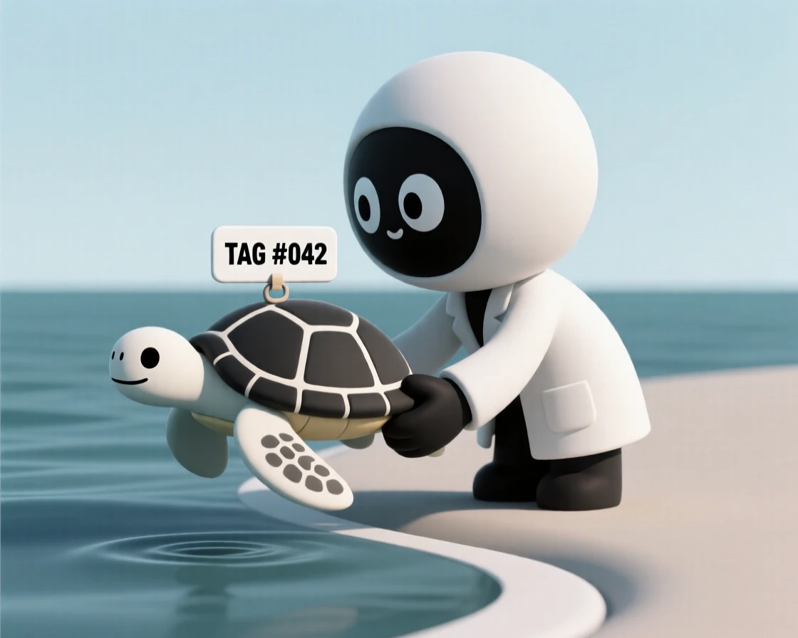 A dedicated scientist carefully releases a tagged sea turtle back into the ocean after months of research.