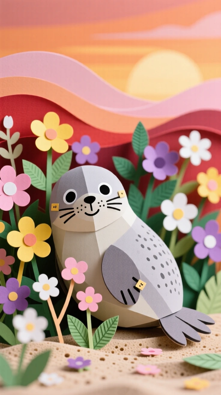 A playful seal pup nestled among blooming wildflowers, with warm sunset colors filling the sky, capturing the wonder of the natural world.