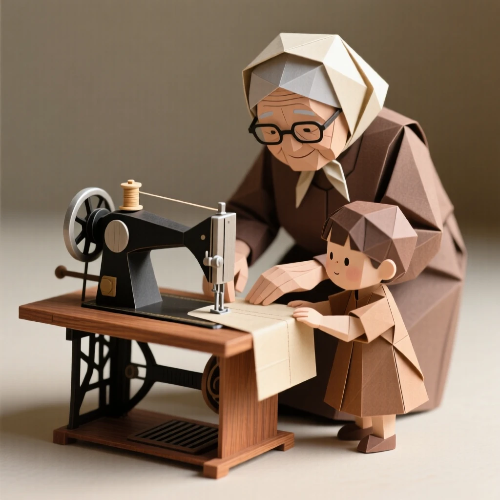 A grandmother teaching her grandchild to sew at an old wooden sewing machine.
