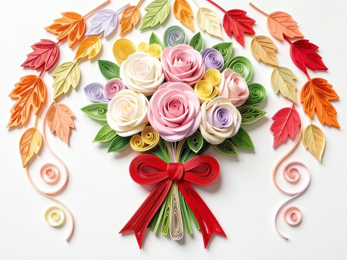 a Valentine's Day bouquet of roses tied with a red ribbon, beneath a canopy of falling autumn leaves, arranged symmetrically for a balanced festive feel, in bright cheerful pastel spring colors.
