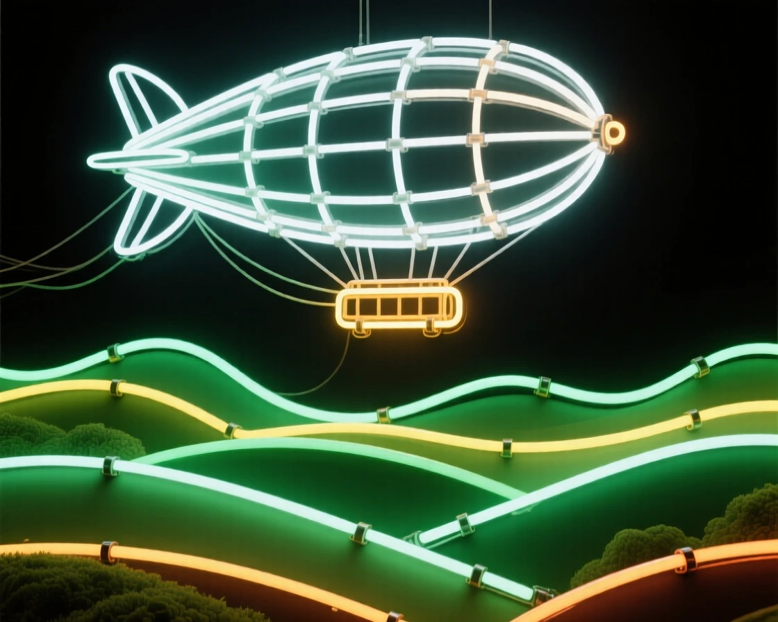 A vintage airship drifting slowly above a green countryside.