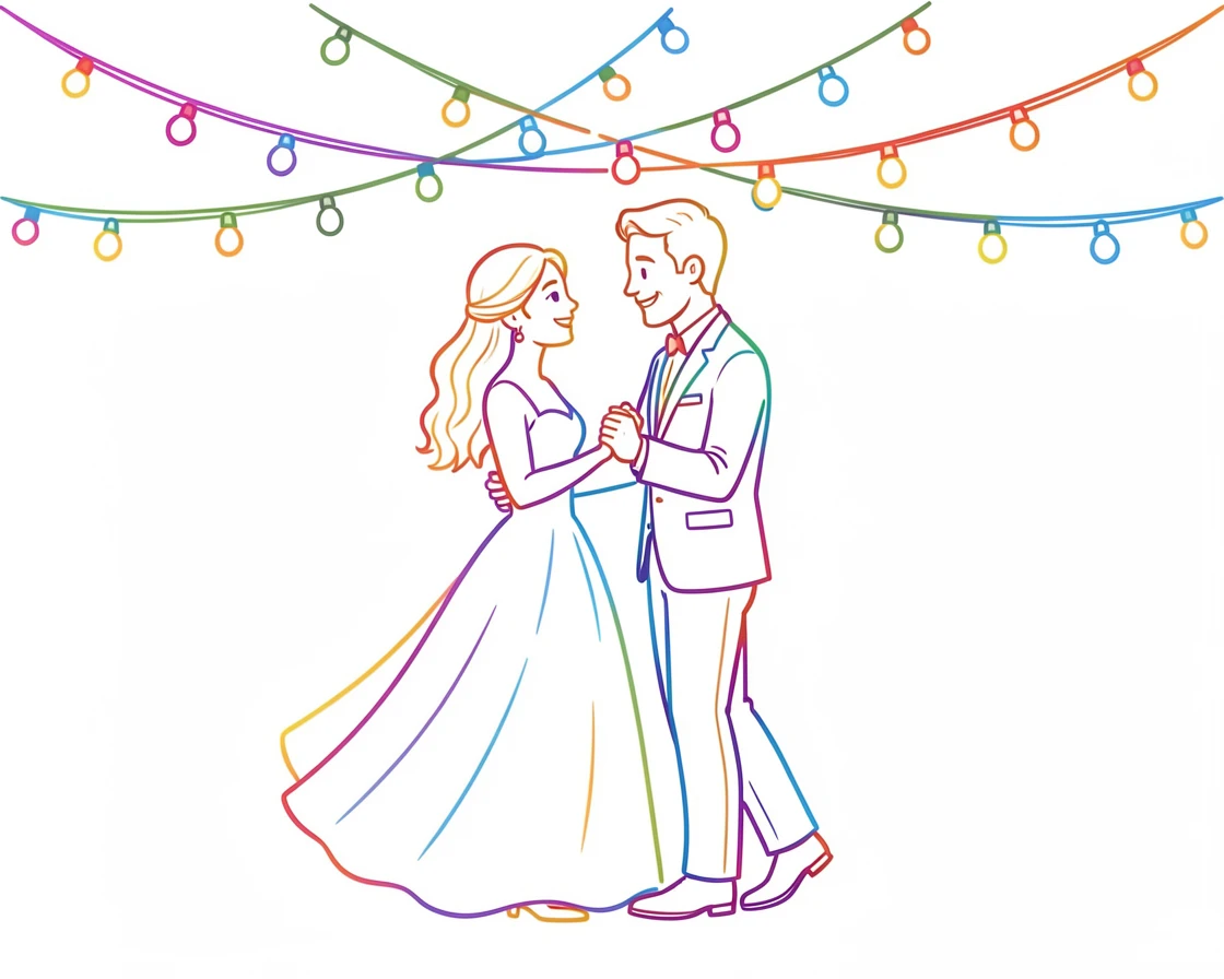 A newlywed couple sharing their first dance under string lights.