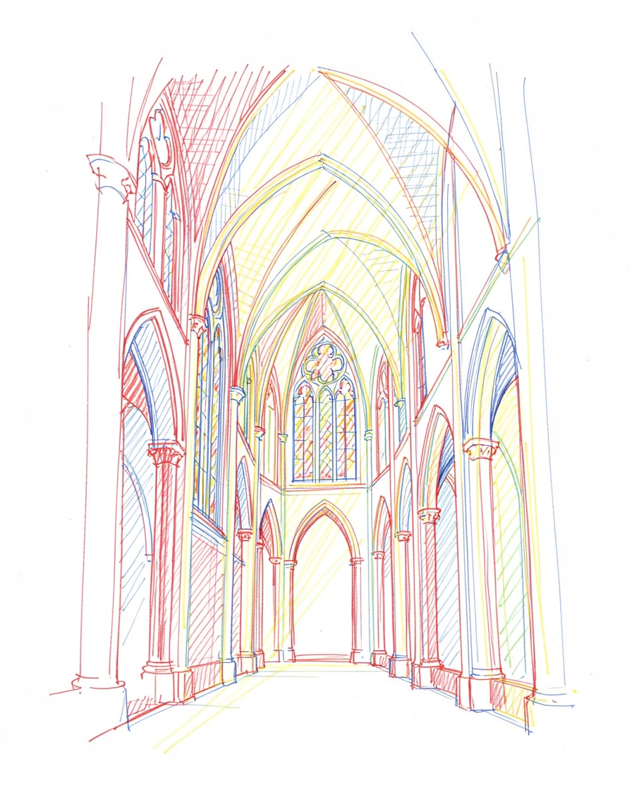 A grand cathedral interior with light streaming through stained glass