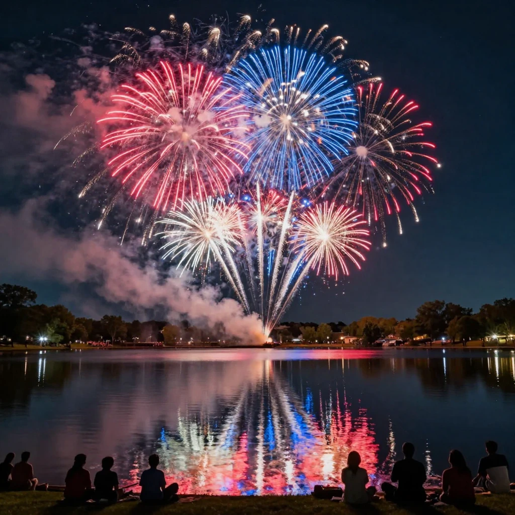 A Fourth of July fireworks display reflected in a lake