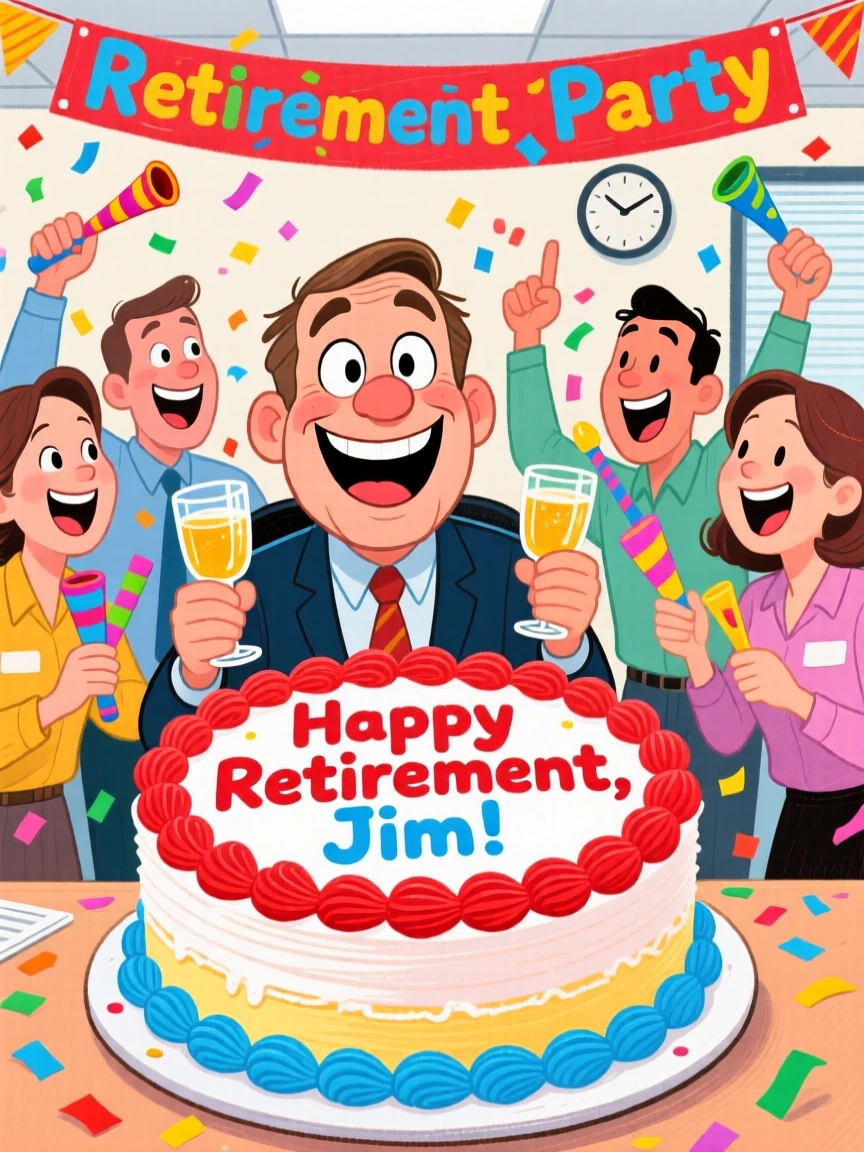A group of coworkers surprising a colleague with a retirement cake and cheers.