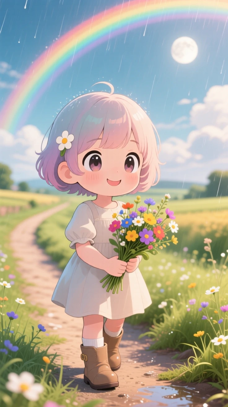 Close-up portrait: a small girl, picking wildflowers along a countryside trail, set against a sunlit rural path under a rainbow after the rain, with soft moonlight and a mood of quiet contentment.