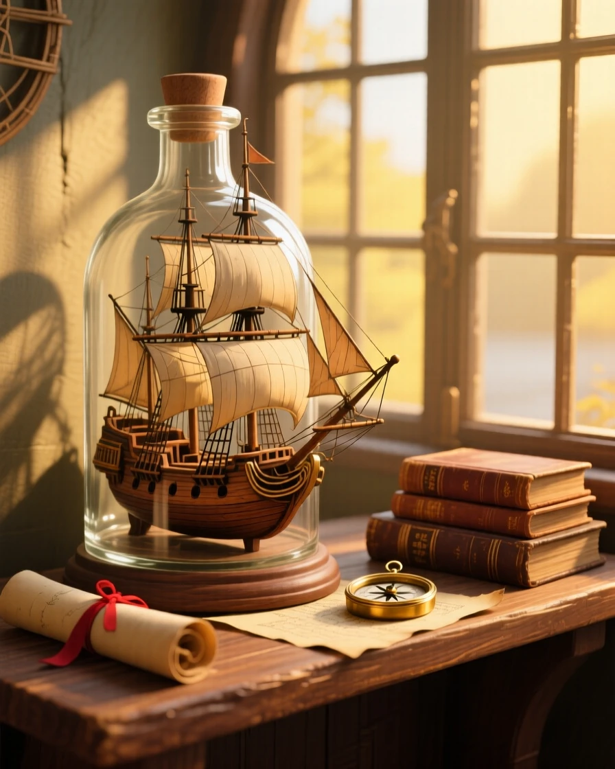 An old wooden ship in a bottle on a shelf, placed beside a sunlit window, arranged with complementary objects nearby for context, with soft golden light highlighting fine craftsmanship.