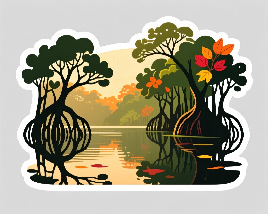 A serene mangrove forest with calm still water, bathed in golden hour light, as the seasons begin to change.