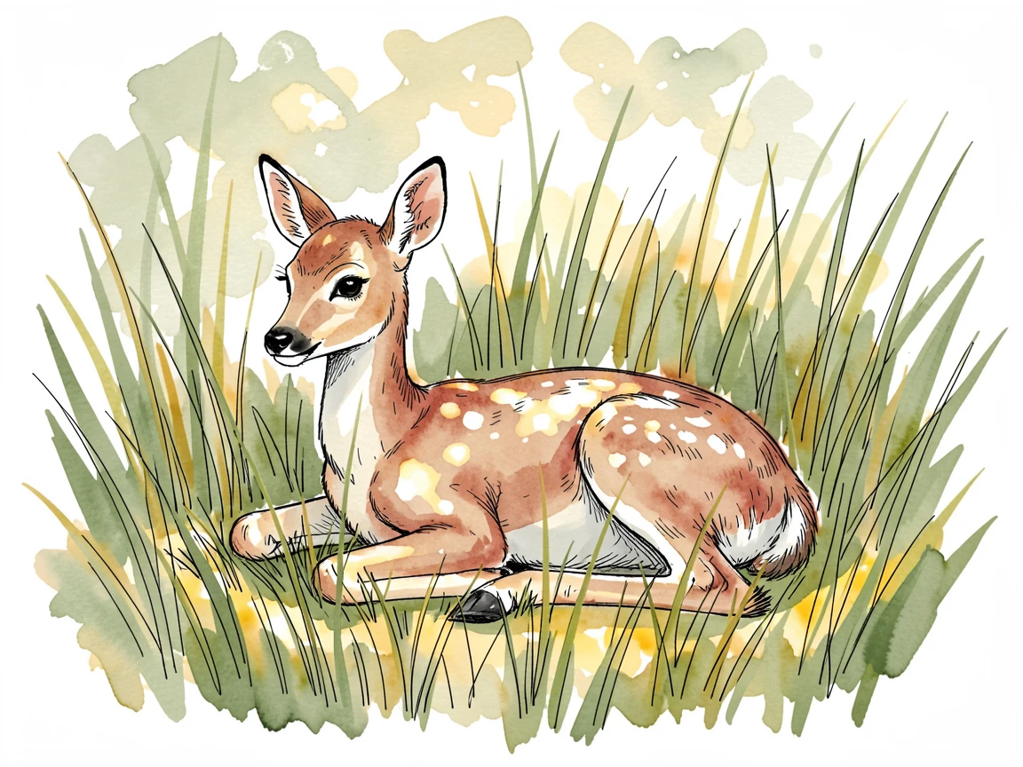 A young fawn resting quietly in tall grass, barely visible in the dappled light, the natural world carrying on undisturbed around them.