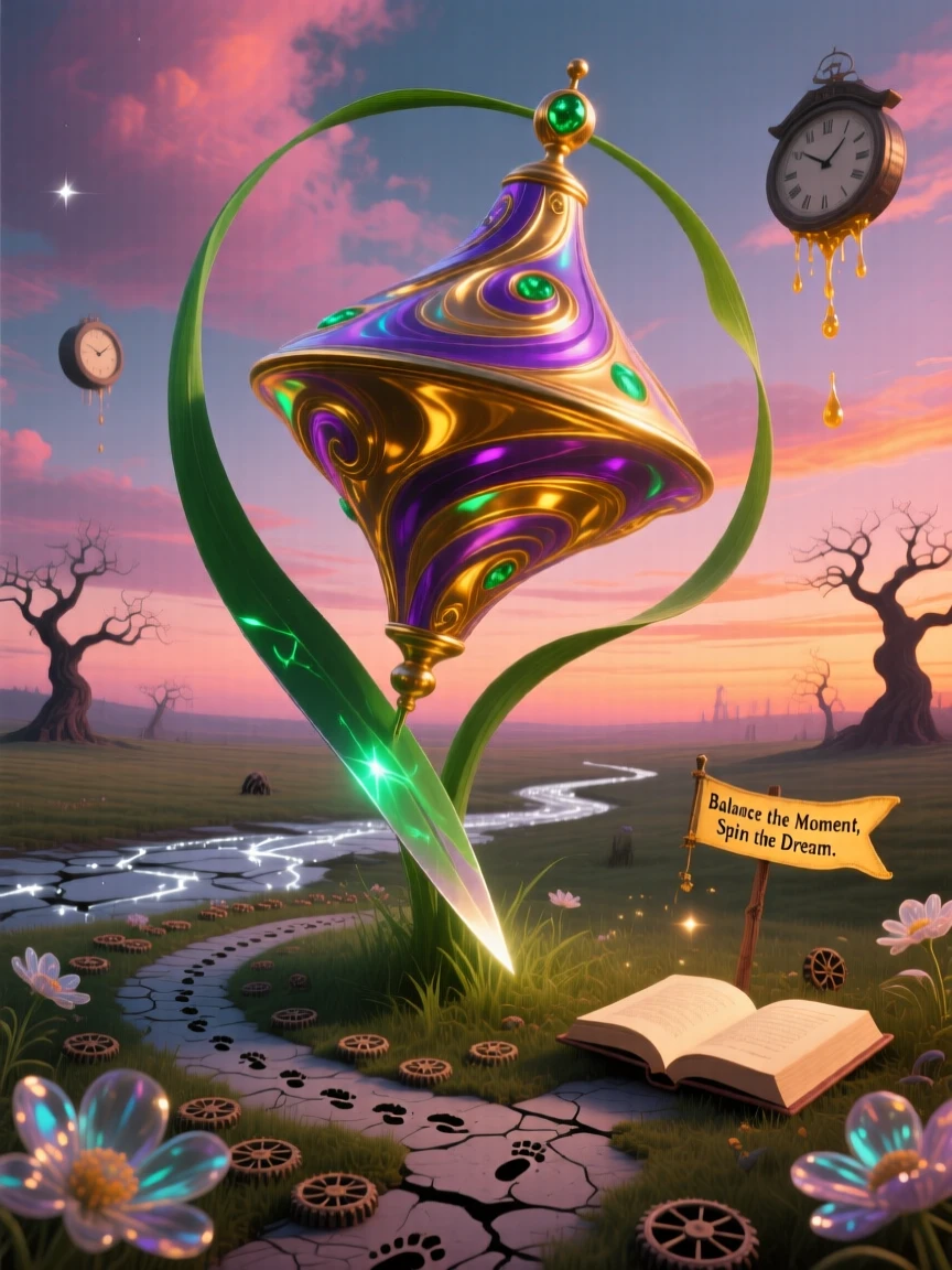 A giant spinning top balanced impossibly on a single blade of grass casts a long shadow across the empty countryside at dusk, while tiny paths have been worn into the ground around it.