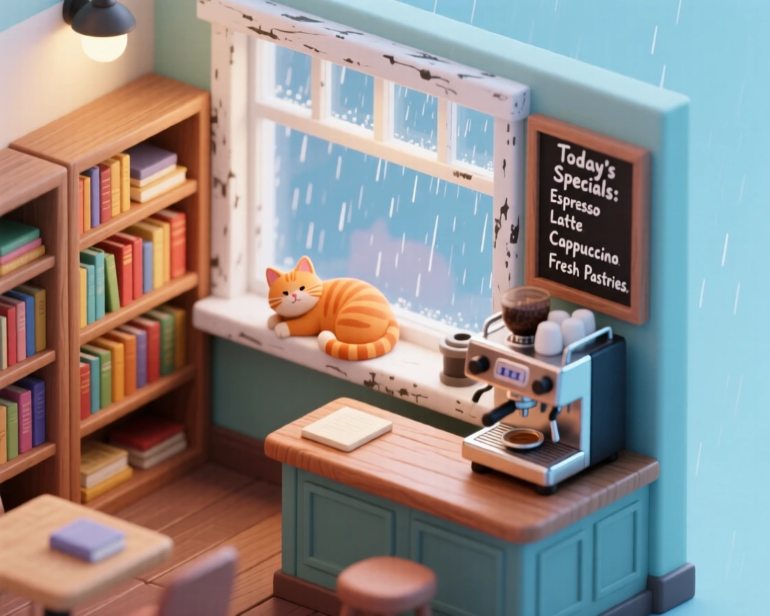 A quaint bookstore café with shelves of novels beside a coffee counter, a cat curled on a windowsill, and rain falling softly outside.