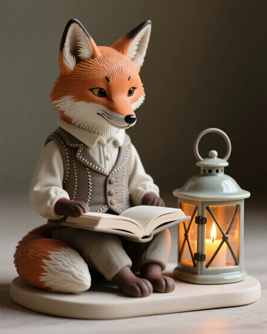 A fox in a waistcoat reading by candlelight captured in a charming, storybook moment, with warm lantern light glowing softly nearby, evoking childlike wonder and gentle humor.
