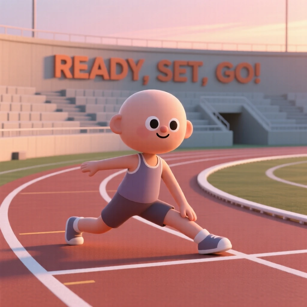 A focused athlete stretches before a race, dawn light glowing across an empty stadium track.